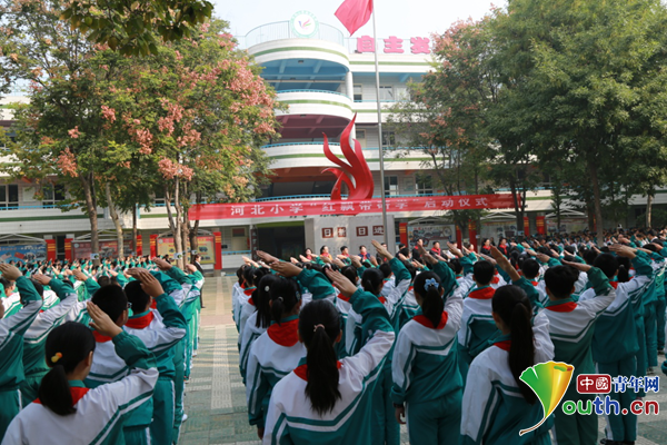 河北小学少先队员面向国旗宣誓.团保定市委供图